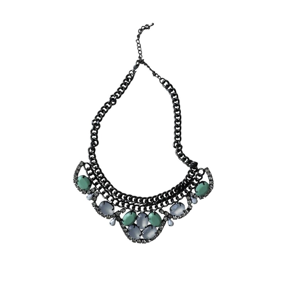 Premier Designs Gunmetal Bib Necklace Green White Stone Y2K Coquette Statement